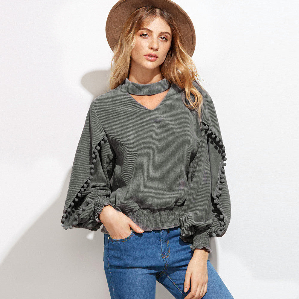 Spring Summer 2017 Fashion Women Blouses Hanging Neck Long sleeve Sexy V-Neck Shirt Top Casual Gray Loose Ladies Blusas