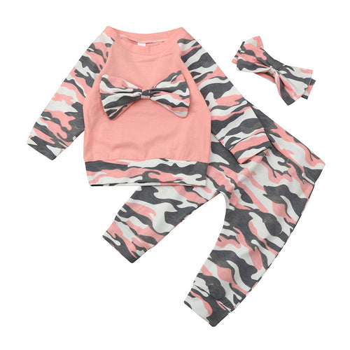 Newborn Toddler Baby Girls Boys Camouflage Bow Tops Pants Outfits Set Clothes