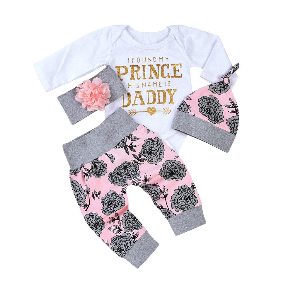 Toddler Newborn Baby Girls Letter Rompers Jumpsuit Flowers Pants 4PCS Outfit Set