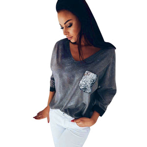 Women's Autumn V Neck  Loose Long Sleeve Shirt Casual Blouse Tops T-Shirt