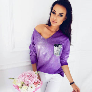 Women's Autumn V Neck  Loose Long Sleeve Shirt Casual Blouse Tops T-Shirt