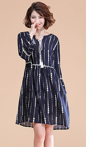 M L XL XXL 3XL 4XL 5XL plus size cotton casual autumn 2018 women dress long sleeve big size navy blue striped loose midi female #OM8261